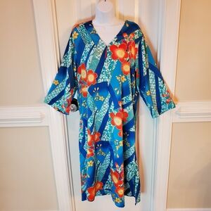 VTG Natori Blue Floral Asian-Inspired Caftan Robe Maxi Dress | Rare